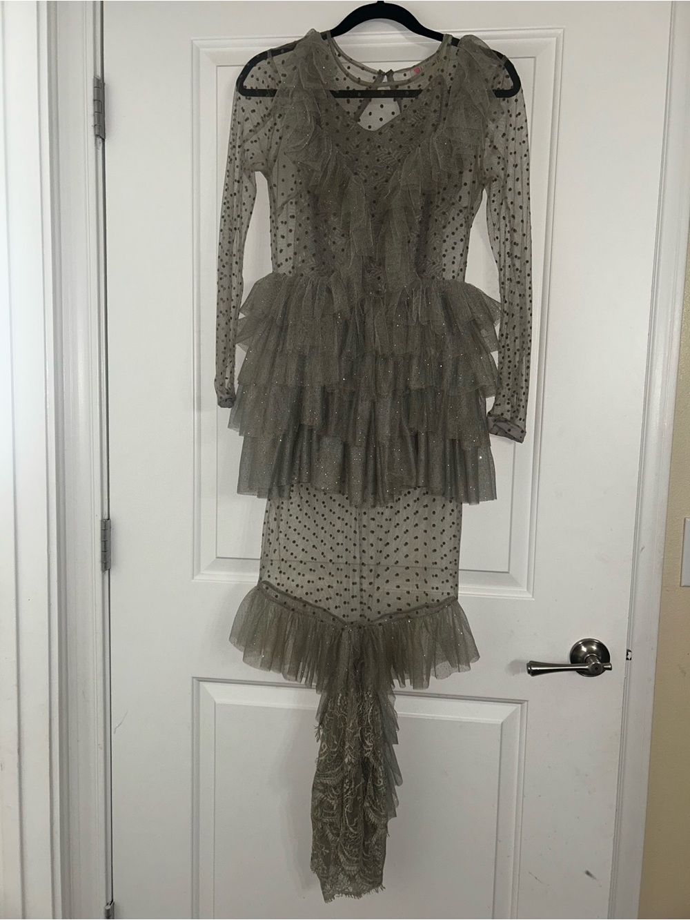 Sheer Ruffle Tiered Long-Sleeve Dress in light Gray